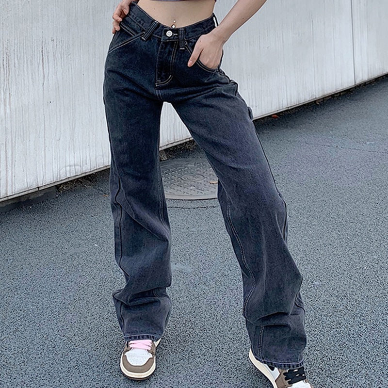 High waist pocket all-match jeans