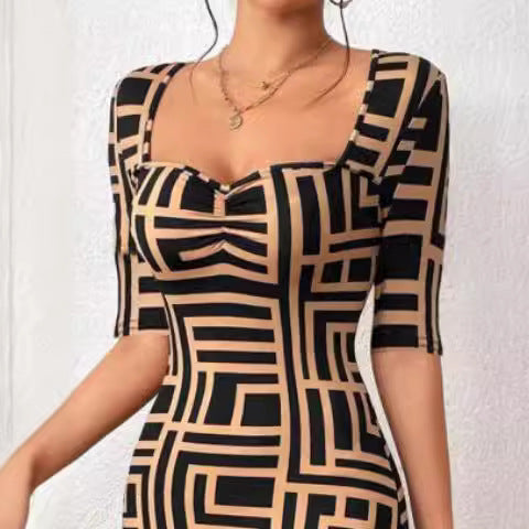 Printed Square Collar Waist-tight Mid-sleeve Dress