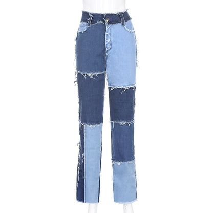 Stitching contrast distressed high-waist pencil pants