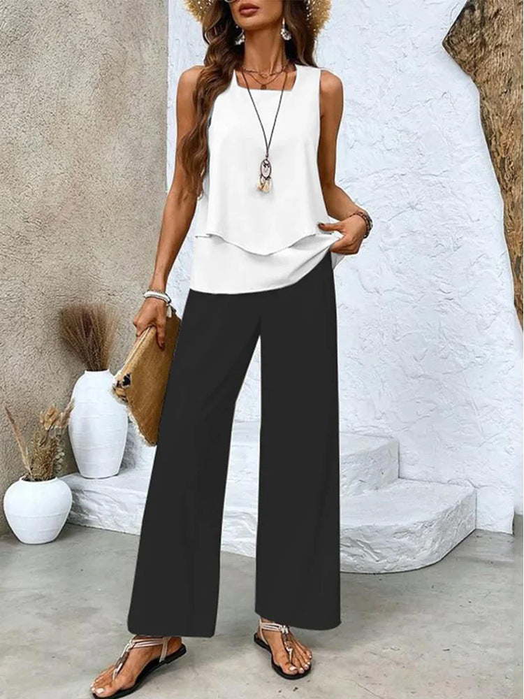 Women's Sleeveless Double Layer Vest Pants Suit