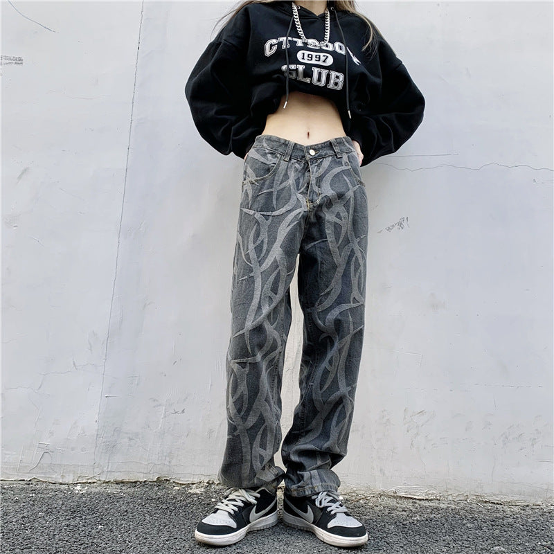 High Waist Straight Hip Hop Trousers Loose And Thin Wide Leg Pants Printed Jeans