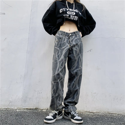 High Waist Straight Hip Hop Trousers Loose And Thin Wide Leg Pants Printed Jeans