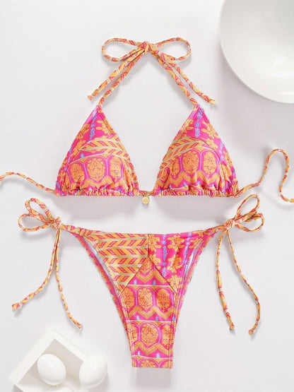 Women Printed Lace-up Bikini Split Swimsuit Swimwear