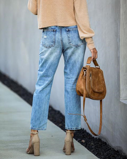 Street Hipster Mid-Waist Torn Straight-Leg Pants