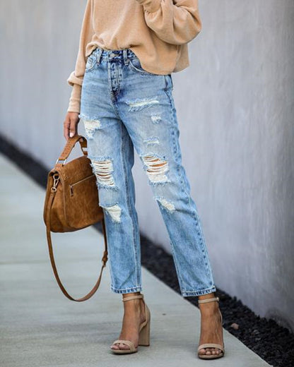 Street Hipster Mid-Waist Torn Straight-Leg Pants