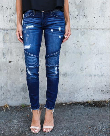 Fringed Pleated Shredded Stretch Leggings Jeans