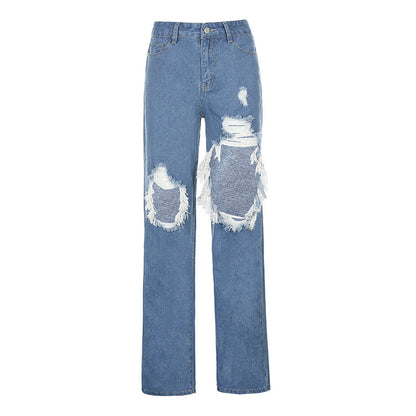 Fashionable Wash High-waisted Loose-fitting Casual Jeans