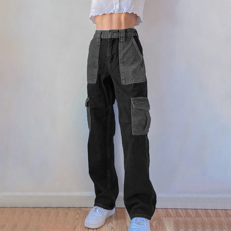 Street Hip-Hop Stitching Contrast Color Casual Straight Leg Pants Women Autumn Tide