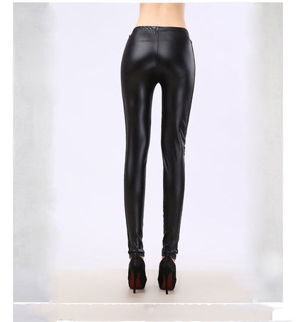 New Style Rose Lace Stitching PU Faux Leather Nine-Point Leggings