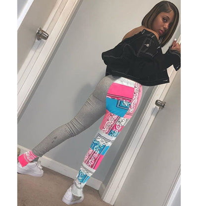 Printed Pleated Split Color Block Sweatpants