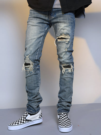 Mens Ripped Washed Blue Denim Jeans