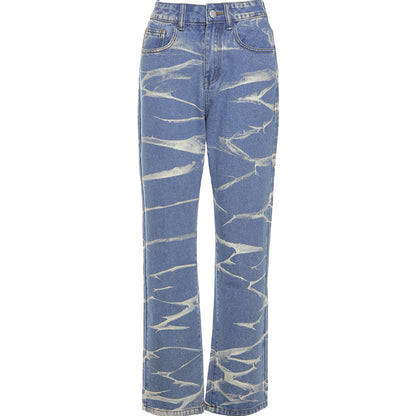 Wave Pattern Jeans Women's High-waisted Straight-leg Slimming Printed Washed Retro Casual Trouser