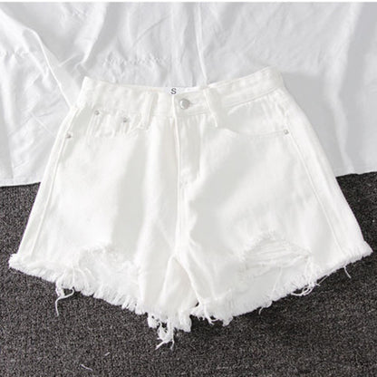 Summer New Denim High Waist Shorts Women Loose Holes Chic Tassel A Word Wide Leg Hot Pants Trend