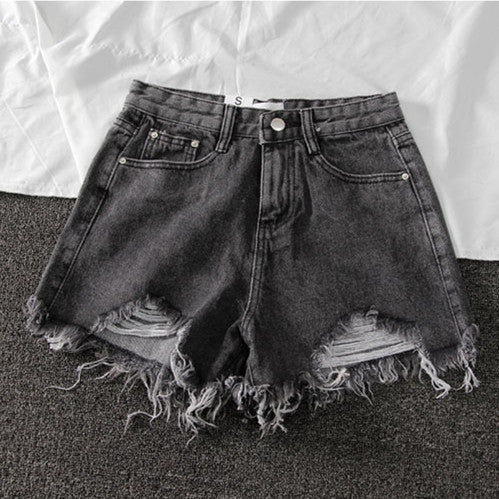 Summer New Denim High Waist Shorts Women Loose Holes Chic Tassel A Word Wide Leg Hot Pants Trend