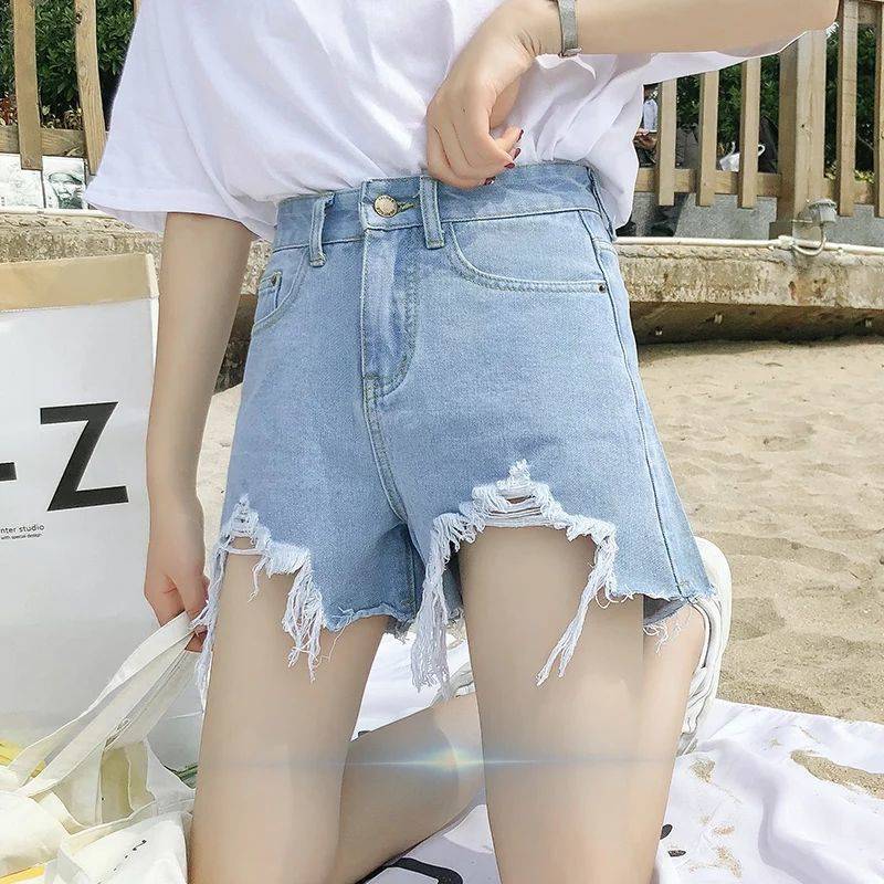 Summer New Denim High Waist Shorts Women Loose Holes Chic Tassel A Word Wide Leg Hot Pants Trend