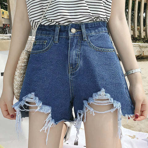 Summer New Denim High Waist Shorts Women Loose Holes Chic Tassel A Word Wide Leg Hot Pants Trend