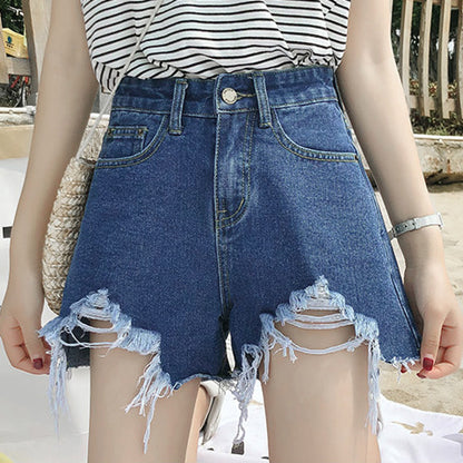 Summer New Denim High Waist Shorts Women Loose Holes Chic Tassel A Word Wide Leg Hot Pants Trend