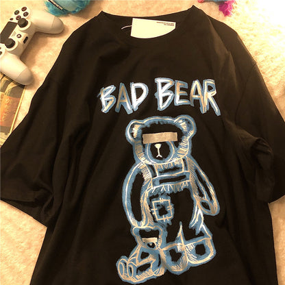 Summer New Ins Tide Brand Creative Graffiti Bear Print Short-Sleeved T-Shirt Male Loose Half-Sleeved Round Neck t-Shirt