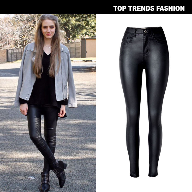 High-Waist Slim-Fit Stretch-Coated Imitation Leather Pants Denim Feet Pants PU Pocket Motorcycle Models All-Match Large Size