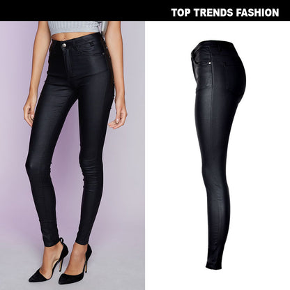 High-Waist Slim-Fit Stretch-Coated Imitation Leather Pants Denim Feet Pants PU Pocket Motorcycle Models All-Match Large Size