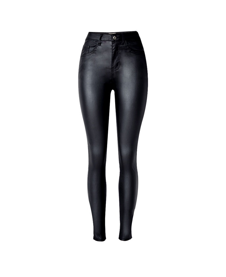 High-Waist Slim-Fit Stretch-Coated Imitation Leather Pants Denim Feet Pants PU Pocket Motorcycle Models All-Match Large Size