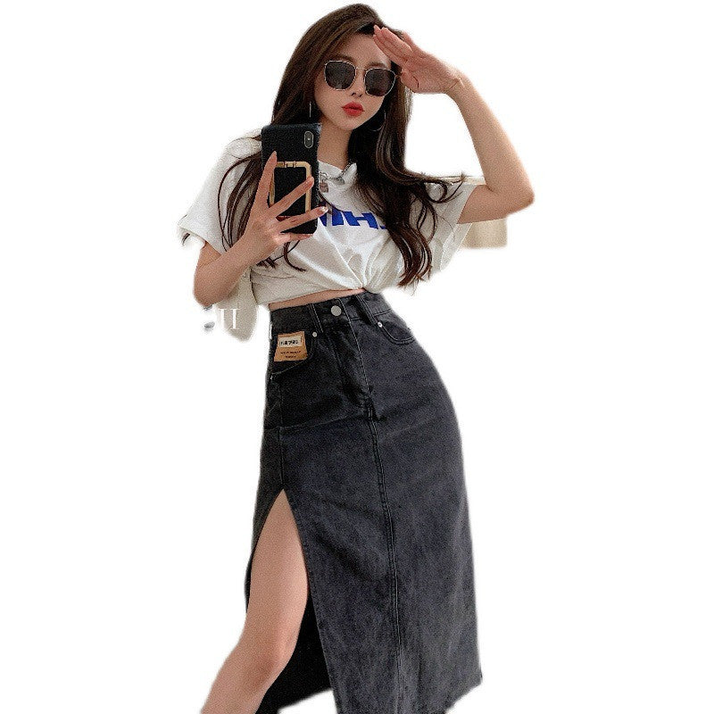 Side Slit Denim Skirt Women High Waist a-line Mid-length