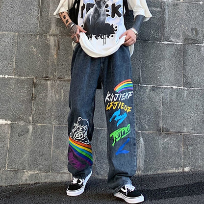 Loose Straight Trend Ins High Street Hip-Hop Graffiti Rainbow Letters Printed Trousers