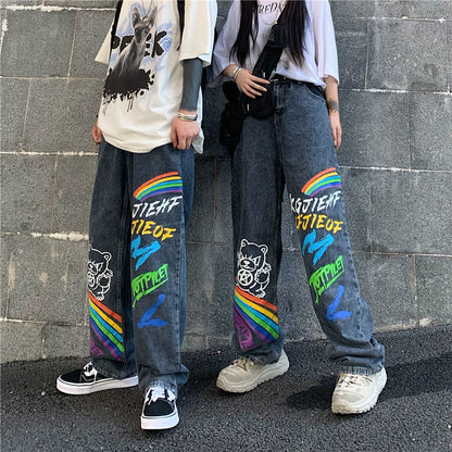 Loose Straight Trend Ins High Street Hip-Hop Graffiti Rainbow Letters Printed Trousers