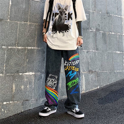 Loose Straight Trend Ins High Street Hip-Hop Graffiti Rainbow Letters Printed Trousers