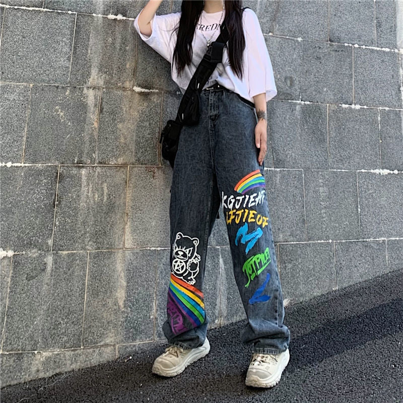 Loose Straight Trend Ins High Street Hip-Hop Graffiti Rainbow Letters Printed Trousers