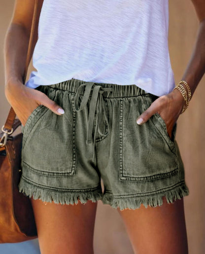 Fringed elastic loose jeans shorts