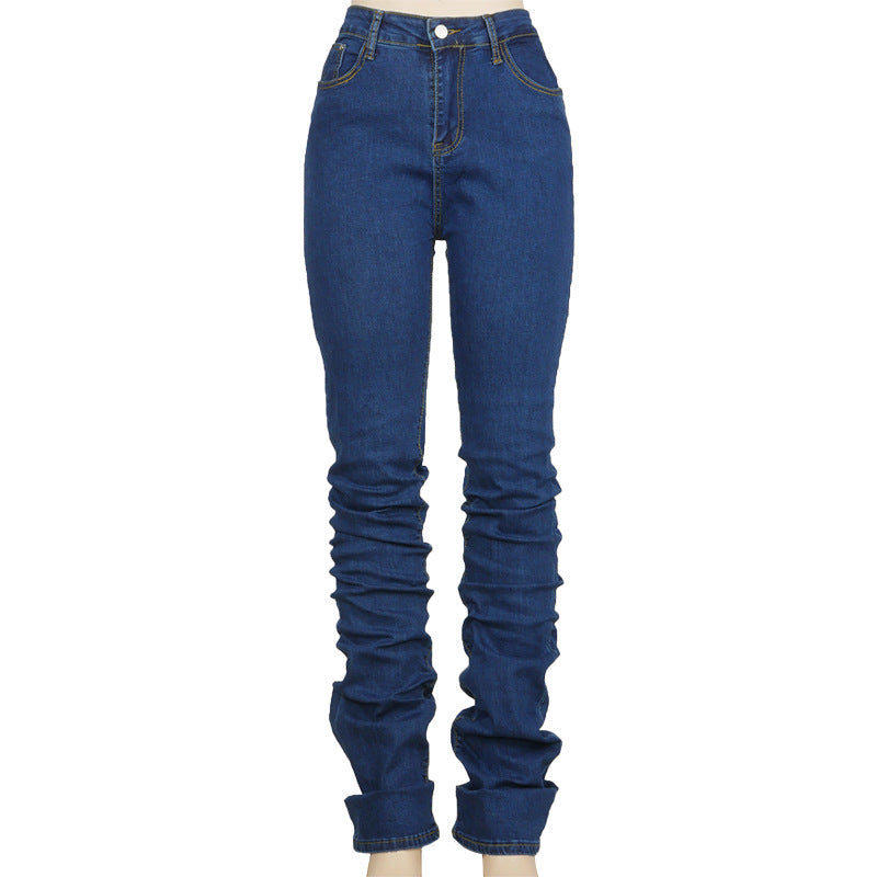 Women Ruched Denim Blue High Wait Stacked Pants