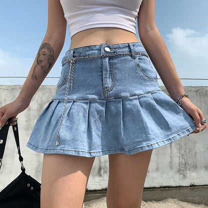 Sexy Hot Girl Pleated Denim Skirt