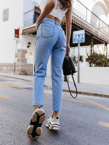 Ripped Washed Straight Leg Pants High Waist Denim Trousers