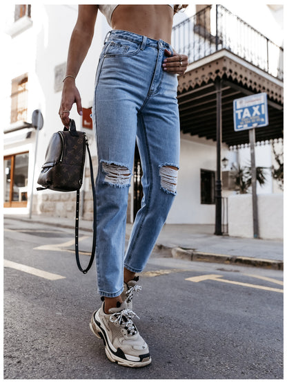 Ripped Washed Straight Leg Pants High Waist Denim Trousers