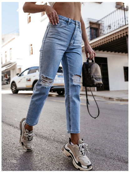 Ripped Washed Straight Leg Pants High Waist Denim Trousers