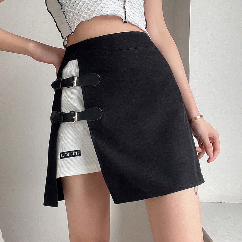 Leather Button Embroidered High-waist Skirt