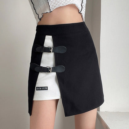 Leather Button Embroidered High-waist Skirt