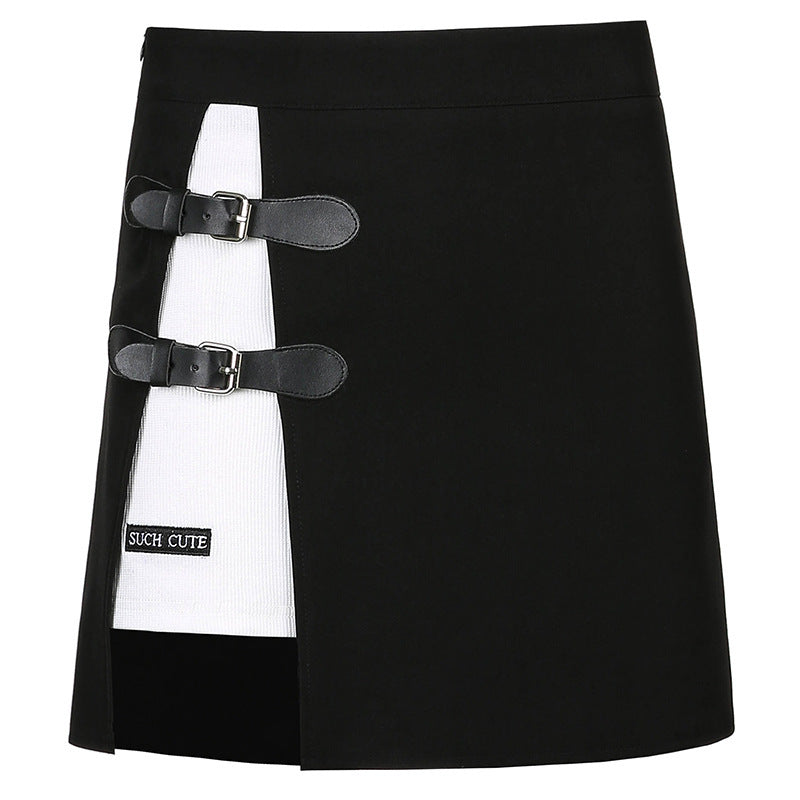 Leather Button Embroidered High-waist Skirt