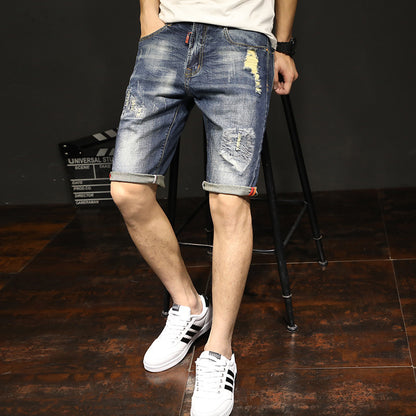 Elastic Pants Summer Men''s Casual Jeans Fashion Hole Cat Beard Straight Pants