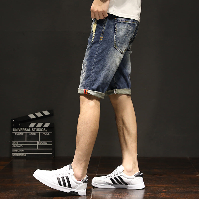 Elastic Pants Summer Men''s Casual Jeans Fashion Hole Cat Beard Straight Pants