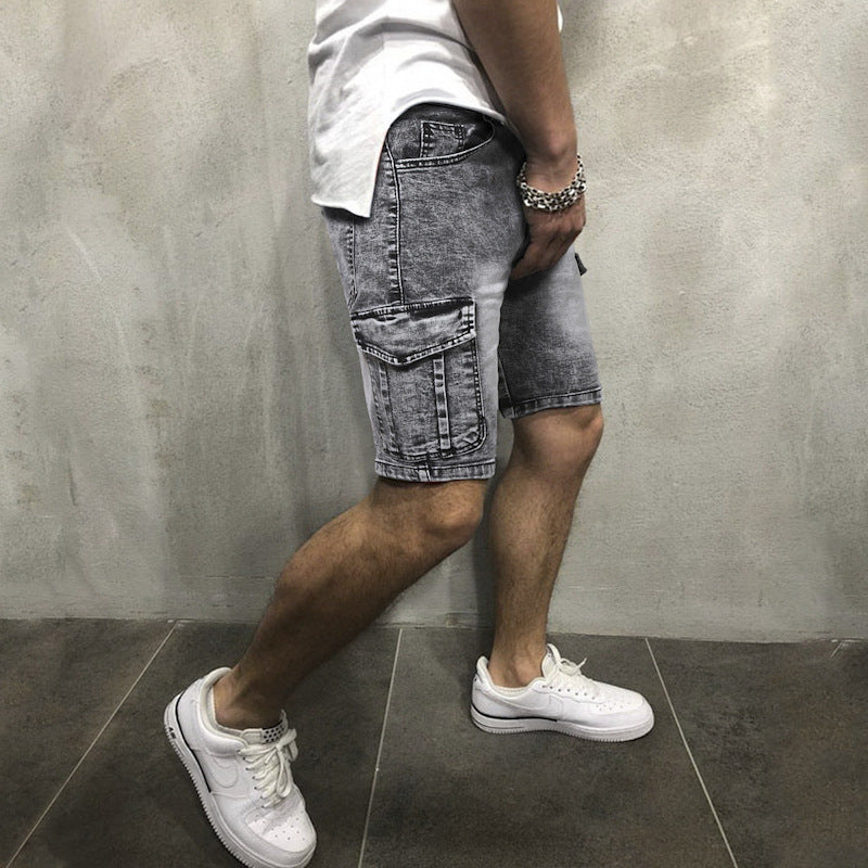 Men's Pocket Denim Shorts Zipper Slim Stretch Five Point pants Men