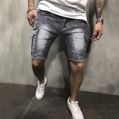 Men's Pocket Denim Shorts Zipper Slim Stretch Five Point pants Men