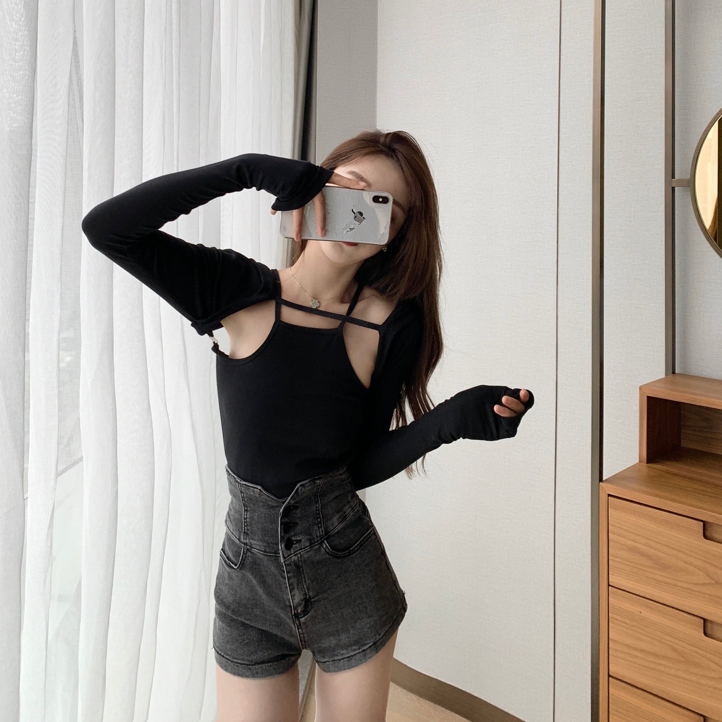 Design Sense Gray High Waist Denim Shorts High Waist Temperament