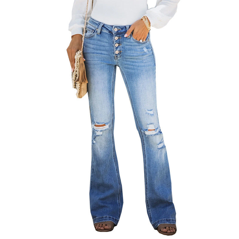 Autumn and winter micro-flare jeans straight-leg ripped jeans