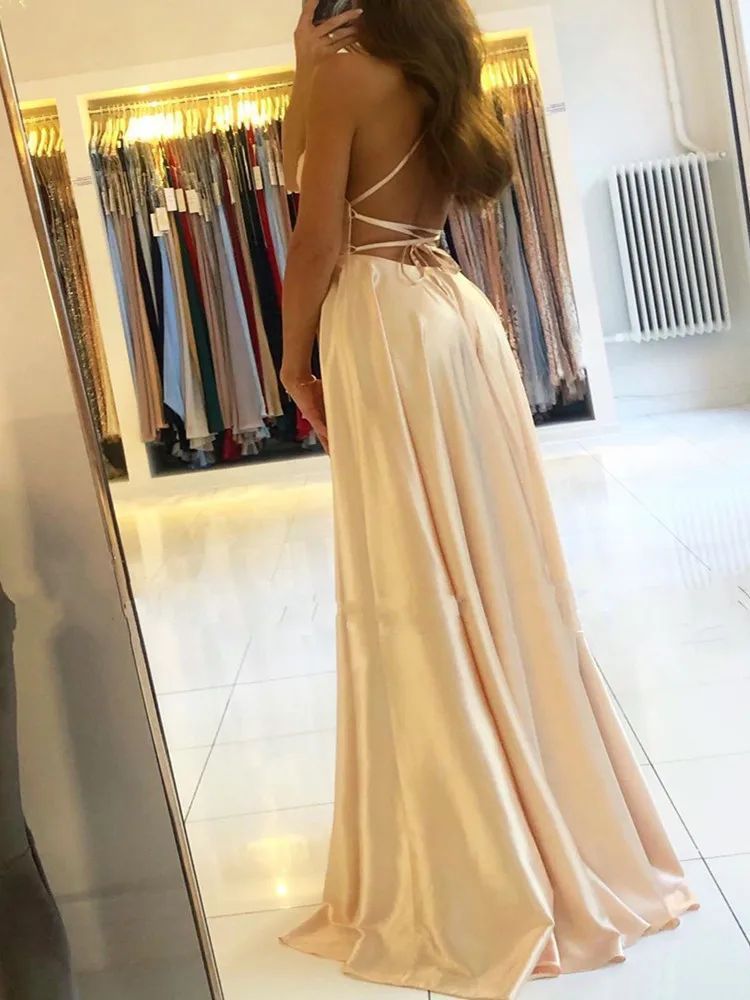 Elegant Women Maxi Beach Satin Dress Leg Slit Lace Up