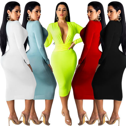 Deep V Neck Hip Dress Long Sleeve Dress