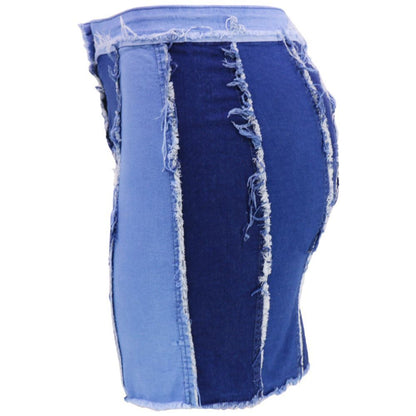 Design Sense Patchwork Washed Pleated Belt Denim Skirt