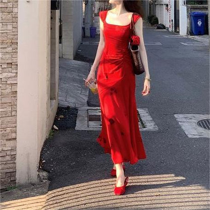 Red Rose Fishtail Skirt Women's Bright Red Square Collar Holiday Vest Camisole Dress