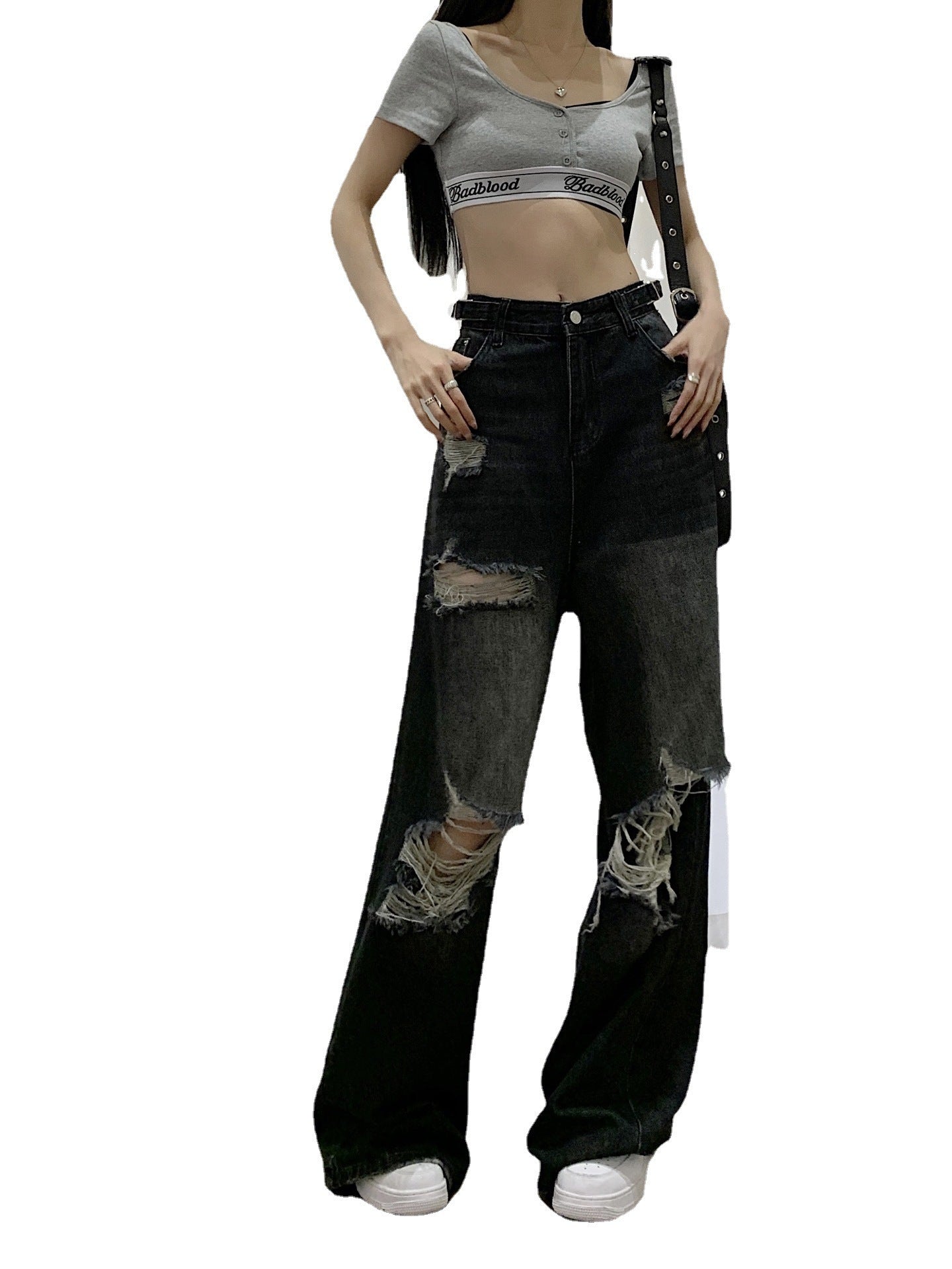 American-style High Street Black Ripped Jeans